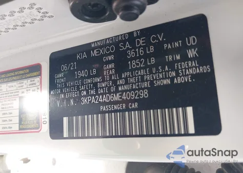 2021 Kia Rio Lx из США, поврежденный, VIN 3KPA24AD6ME409298